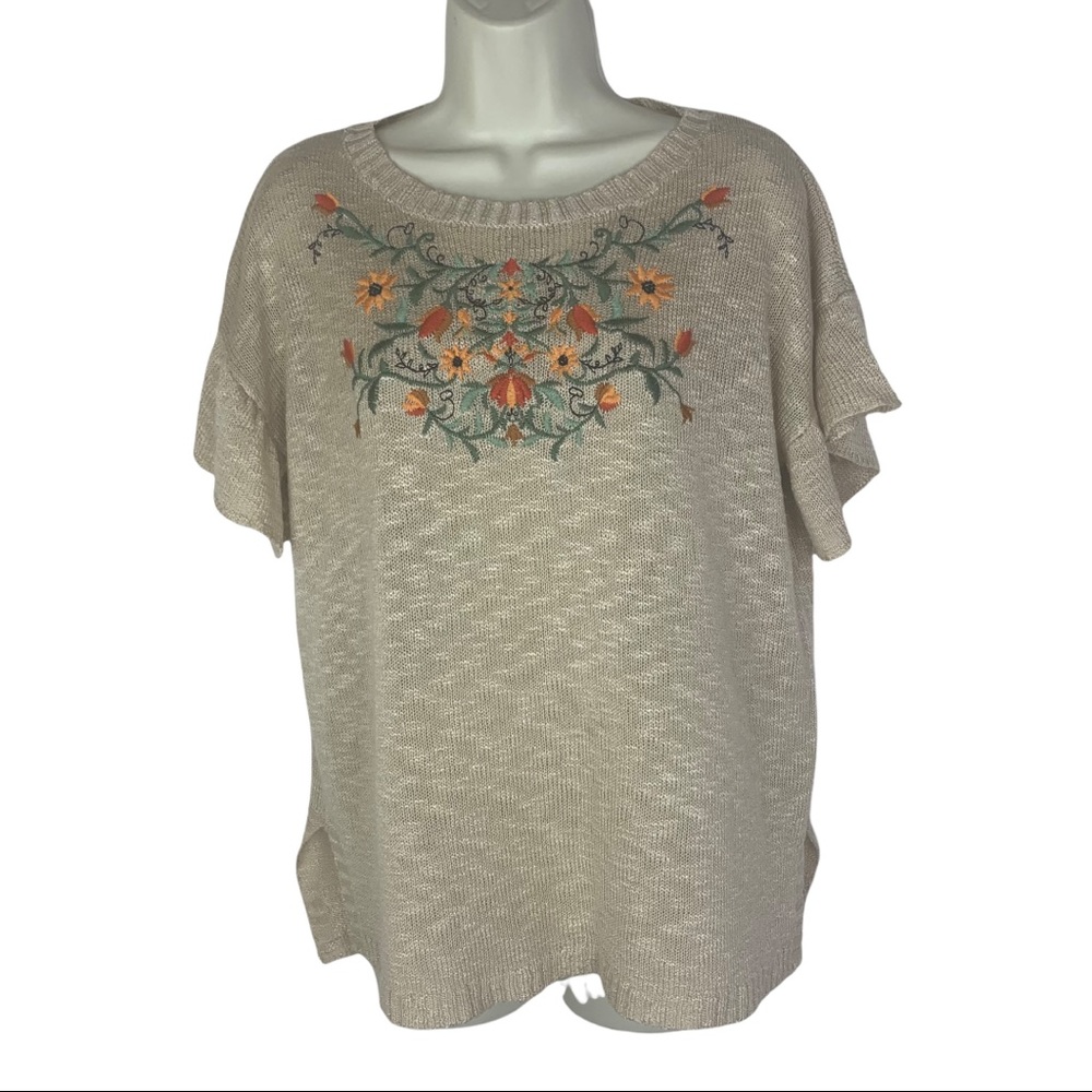 Democracy Women’s Embroidered Knit Earth Tones Oatmeal Sweater